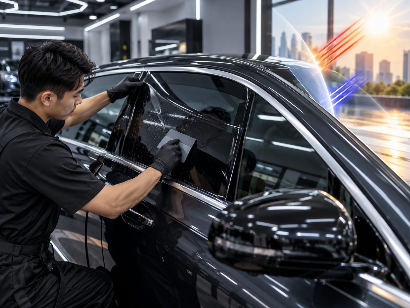 Sun control film shade and heat protection on a car window