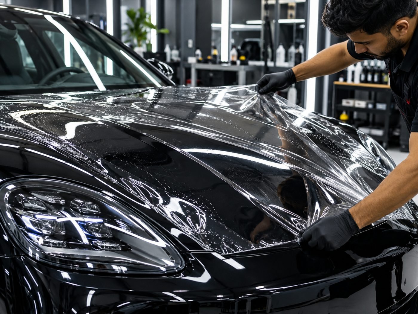 PPF and Nano PPF application close-up on car hood